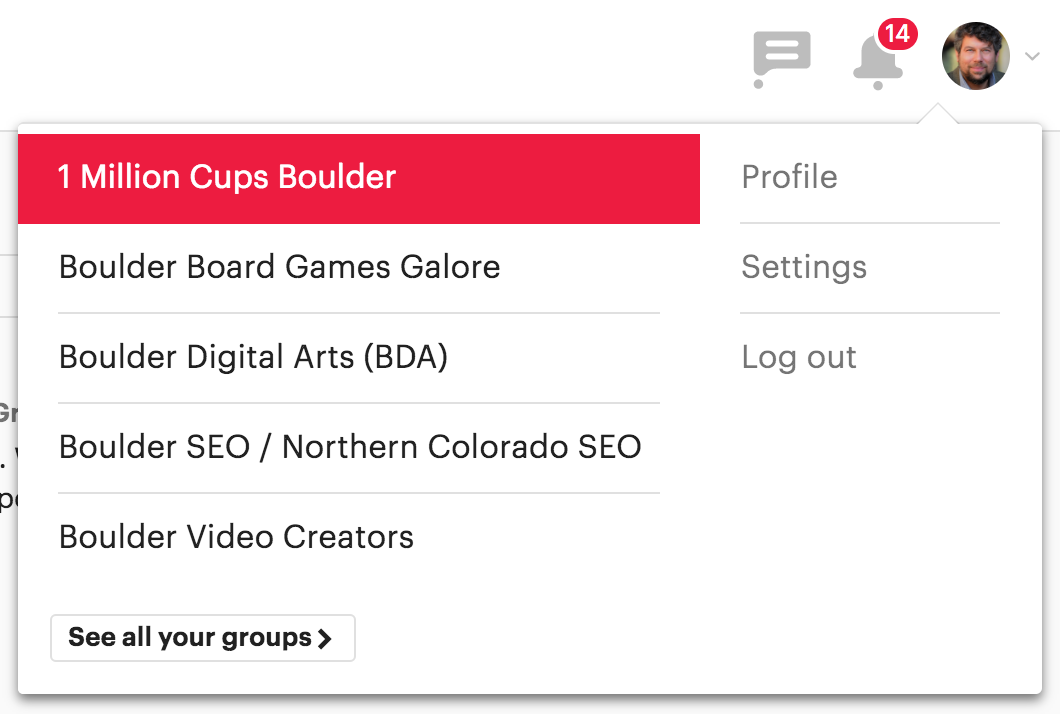 meetup pop-up menu lists groups