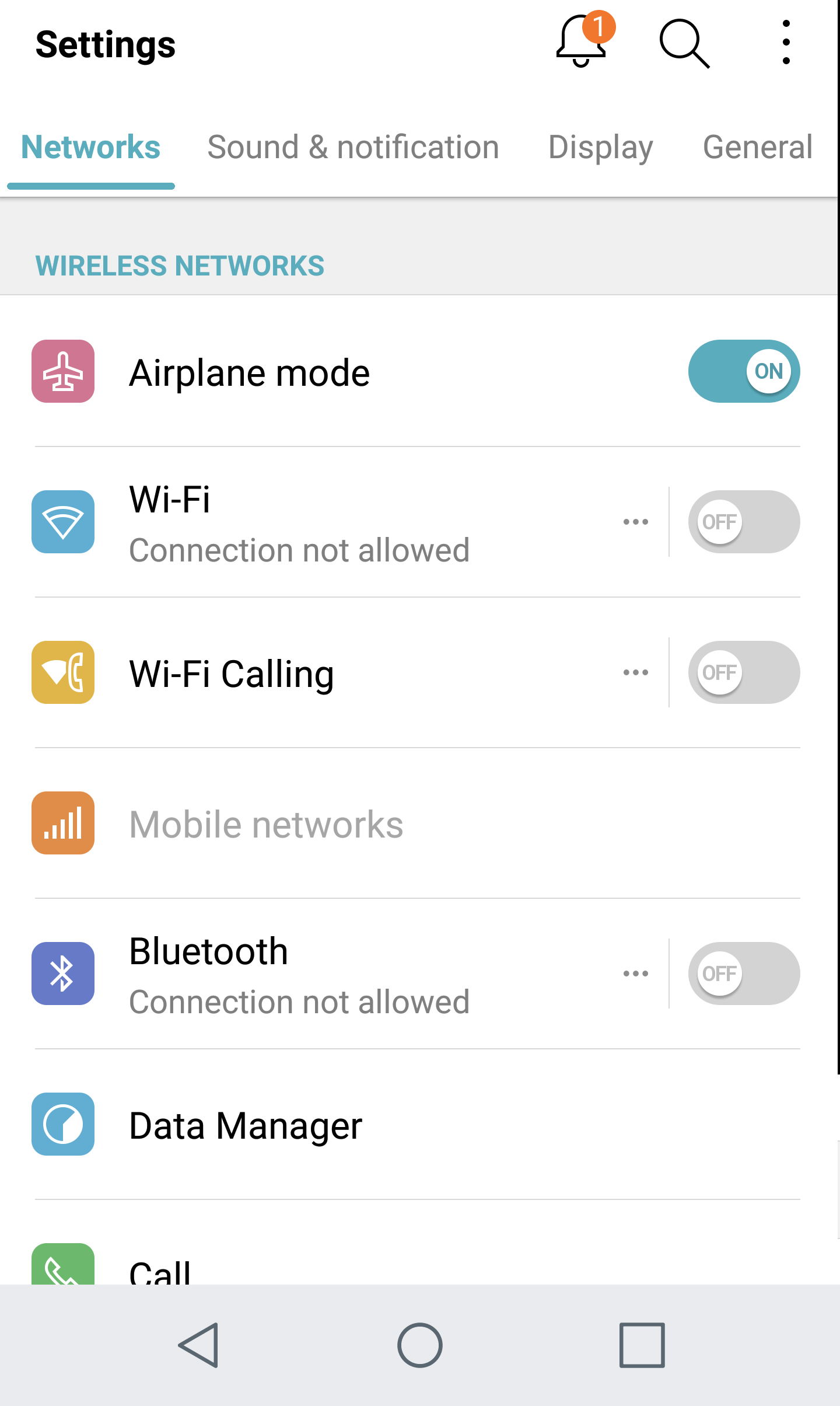 android settings, airplane mode on