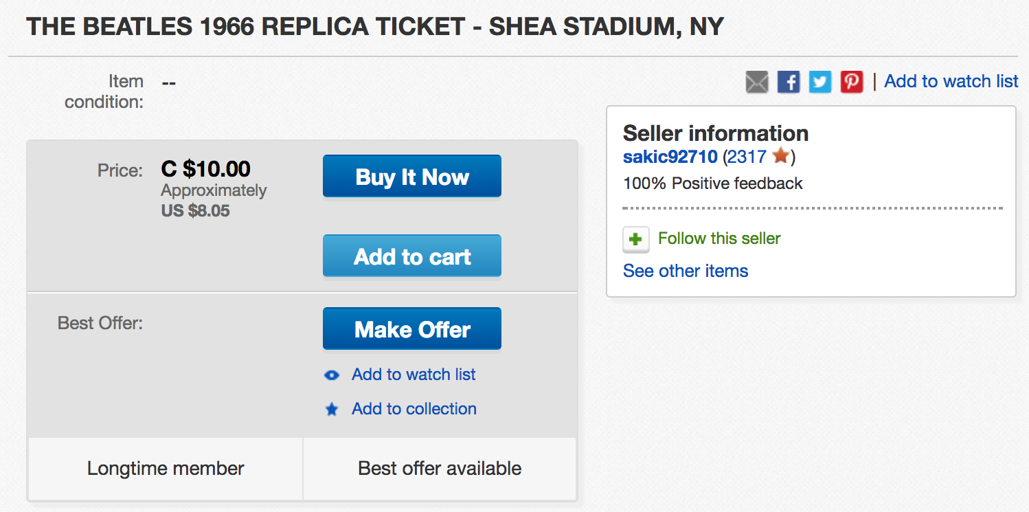 the beatles concert ticket for sale, ebay