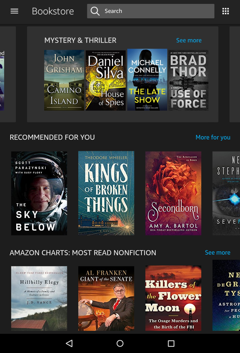 kindle book store, main screen