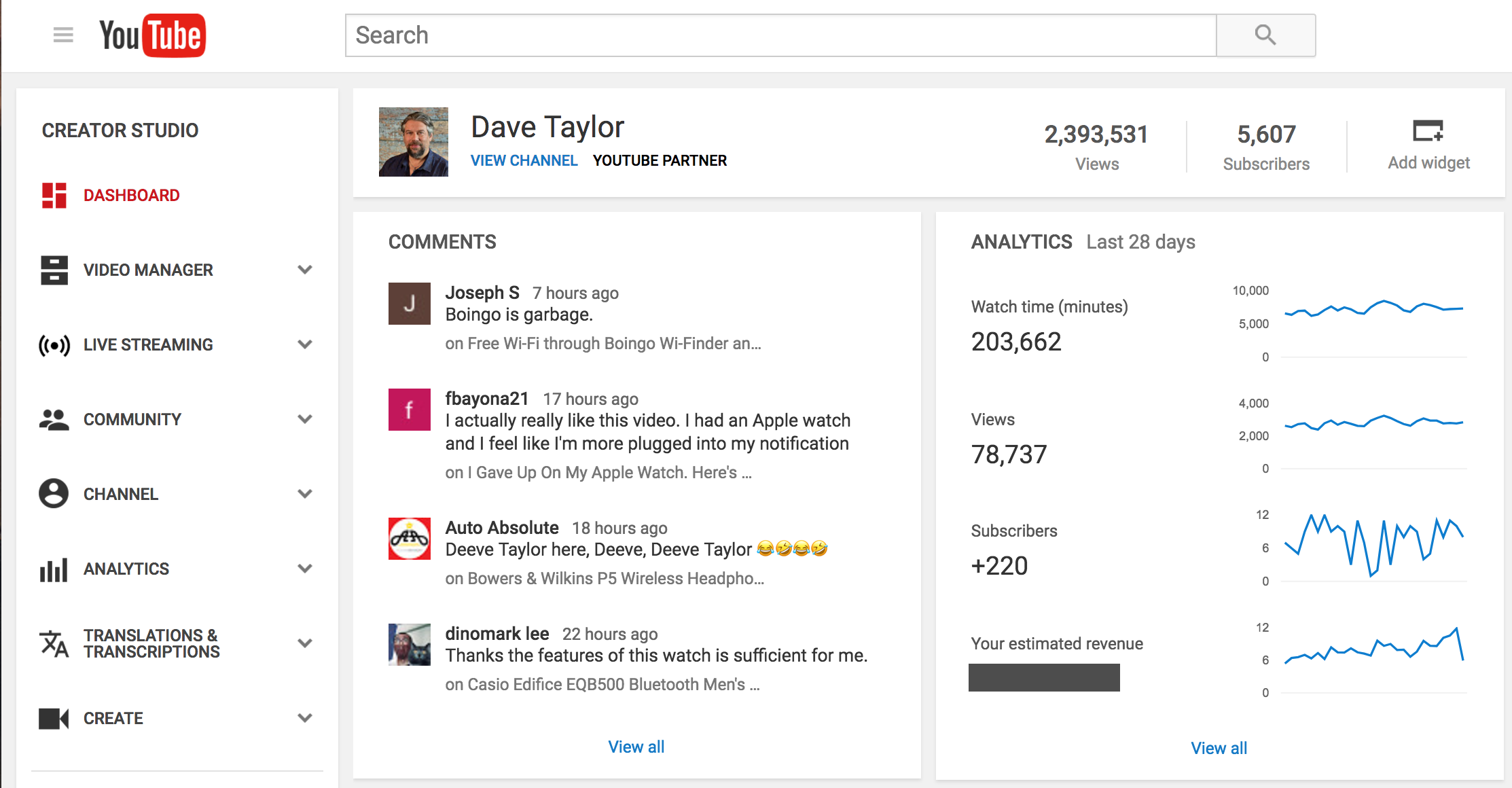 youtube creator studio - dashboard