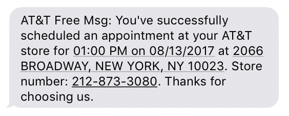 at&t wireless cellular store appointment confirmation text sms txt message