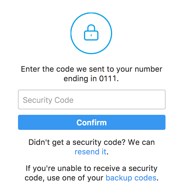 instagram login - two factor authentication - secret code sms text message
