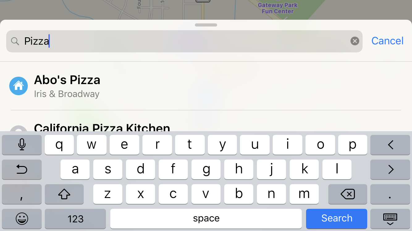 search for pizza in apple maps