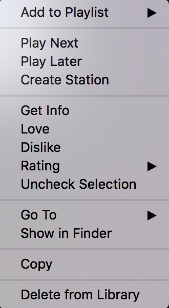 itunes track context pop-up menu