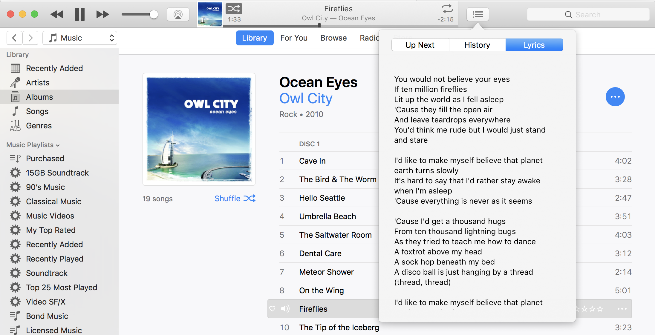 itunes song with lyrics shown owl city fireflies