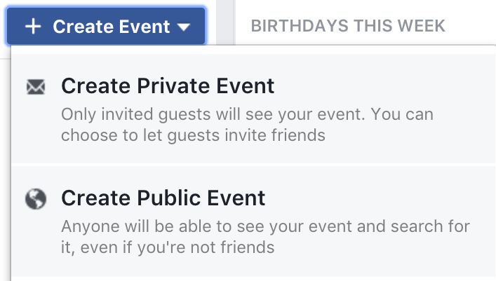 facebook create private public event