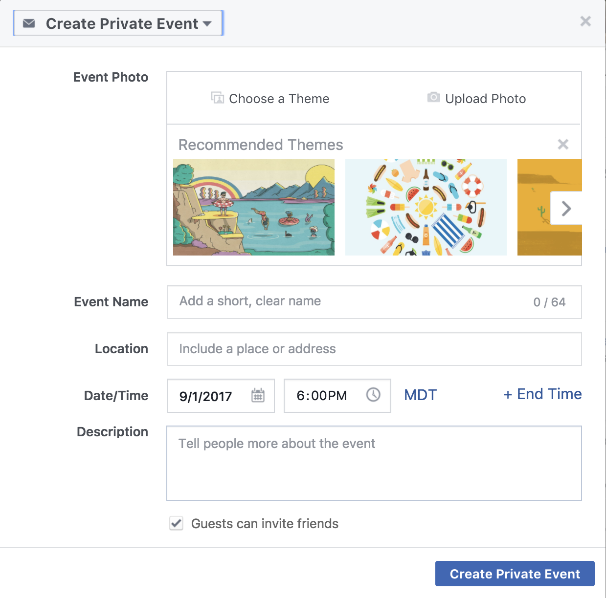 facebook create private event information settings page