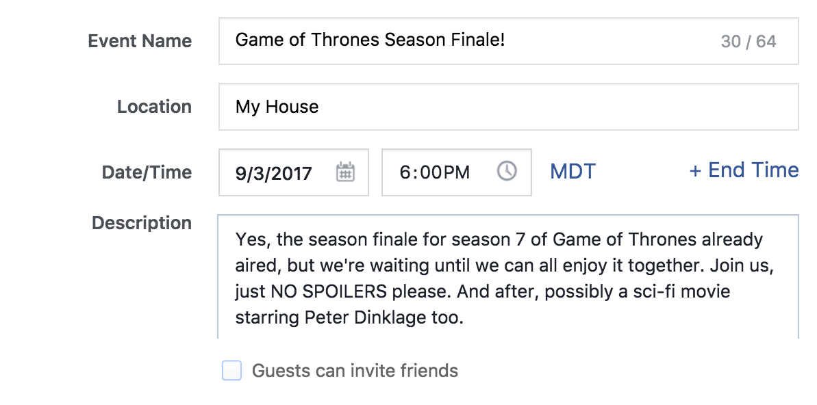 facebook event, filled out, game of thrones