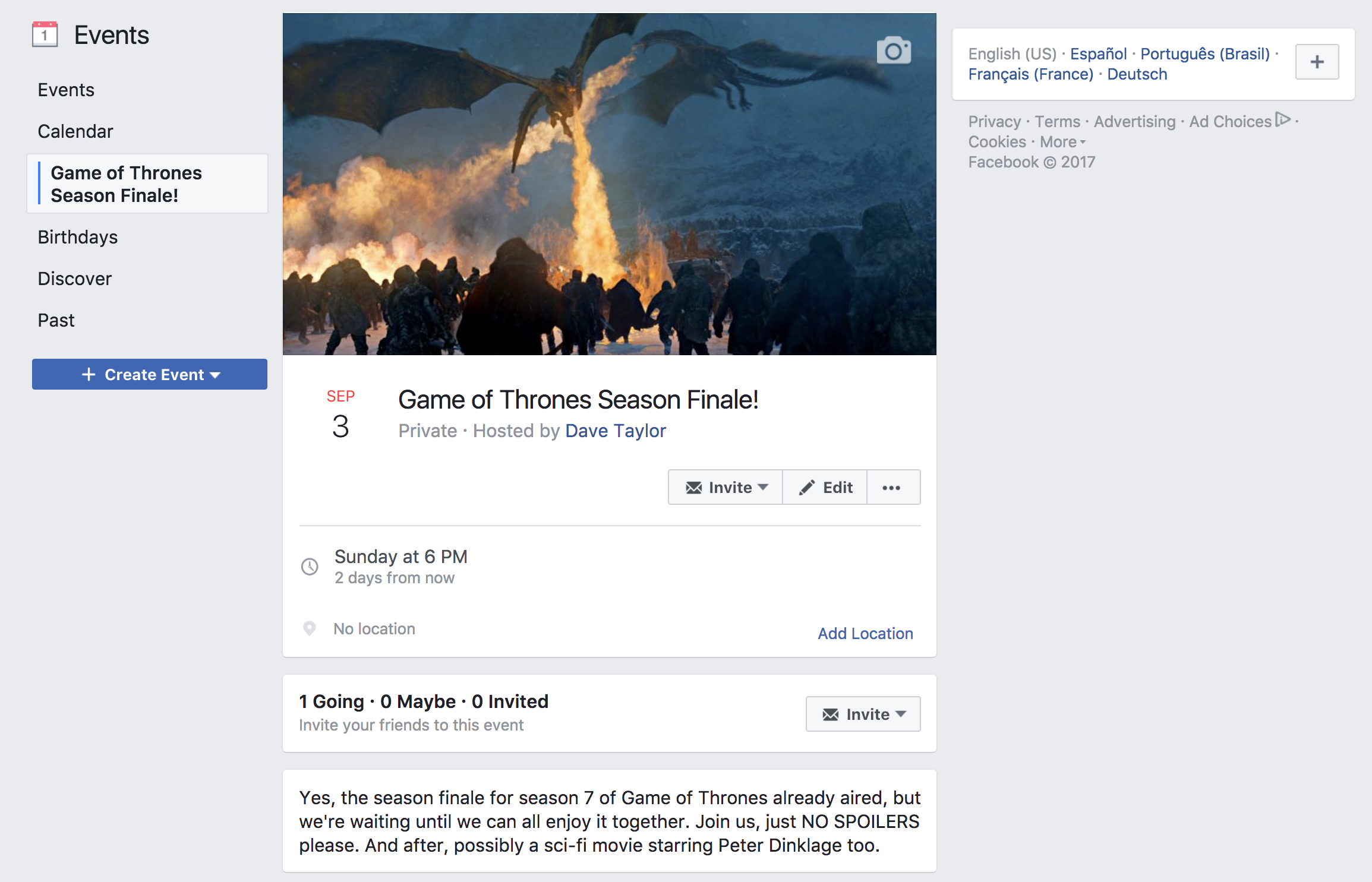 facebook private event - game of thrones - my house