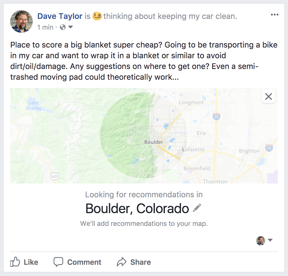 facebook status update recommendation request, boulder co map