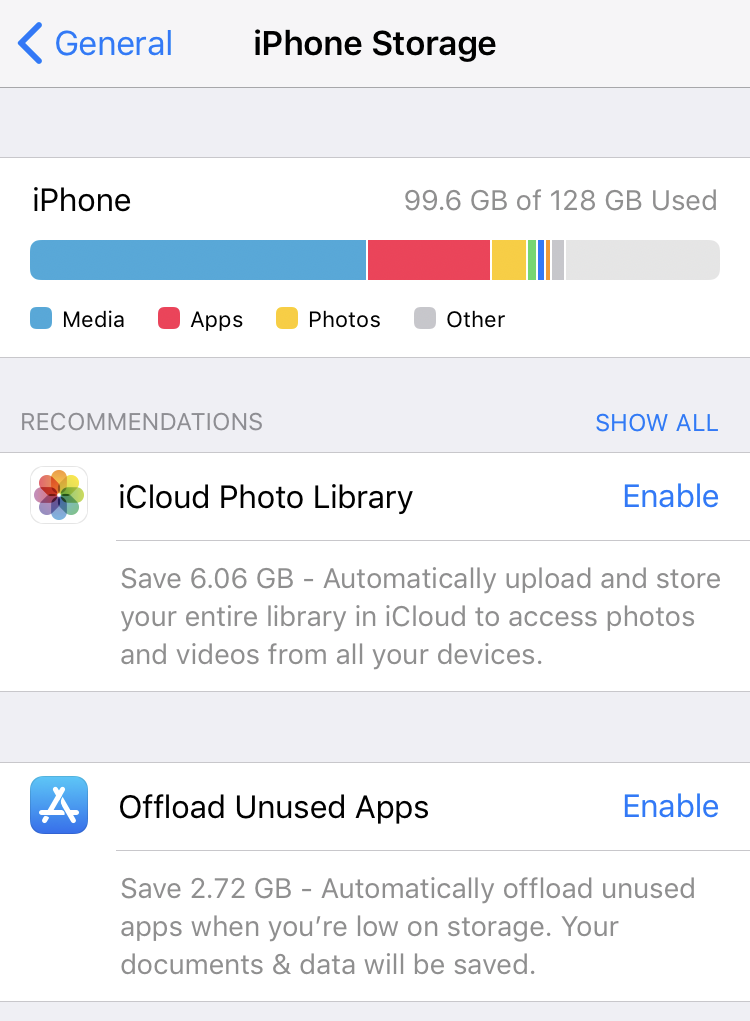 iOs 11 settings > general > iphone storage