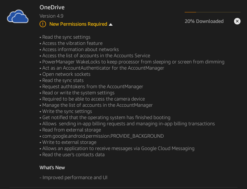 onedrive permissions required - amazon kindle fire appstore