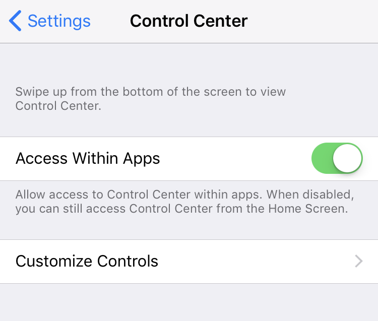 ios11 settings > control center