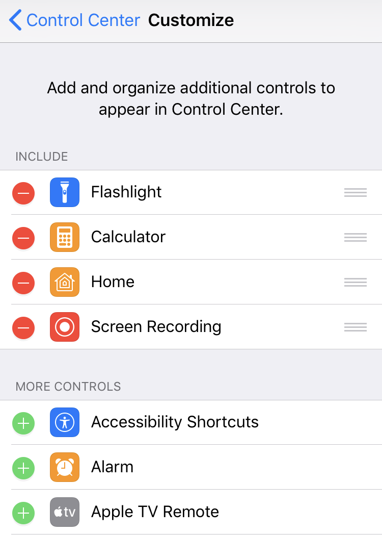 ios11 settings > control center > customize controls