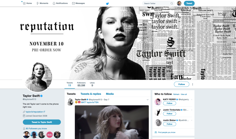 taylor swift page on twitter