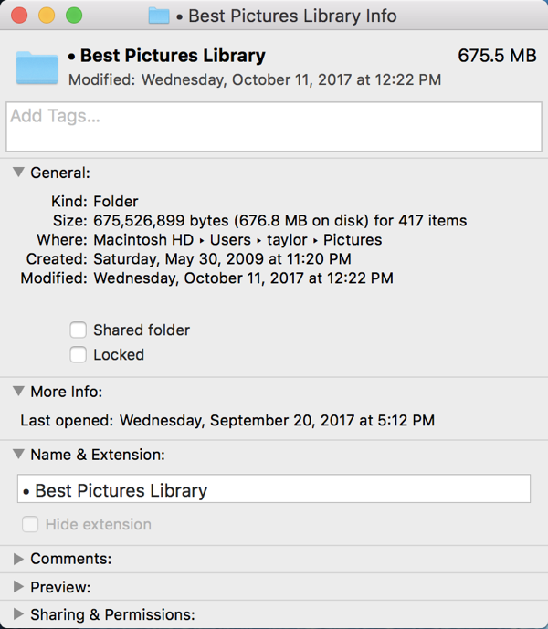 folder info - including size - in mac macos x