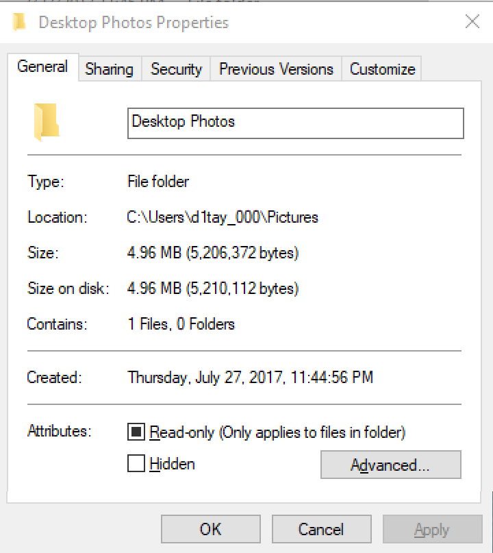 win10 file explorer folder properties window