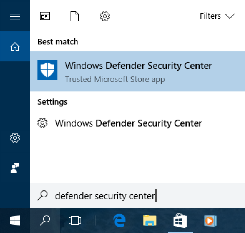 win10 search - defender control center