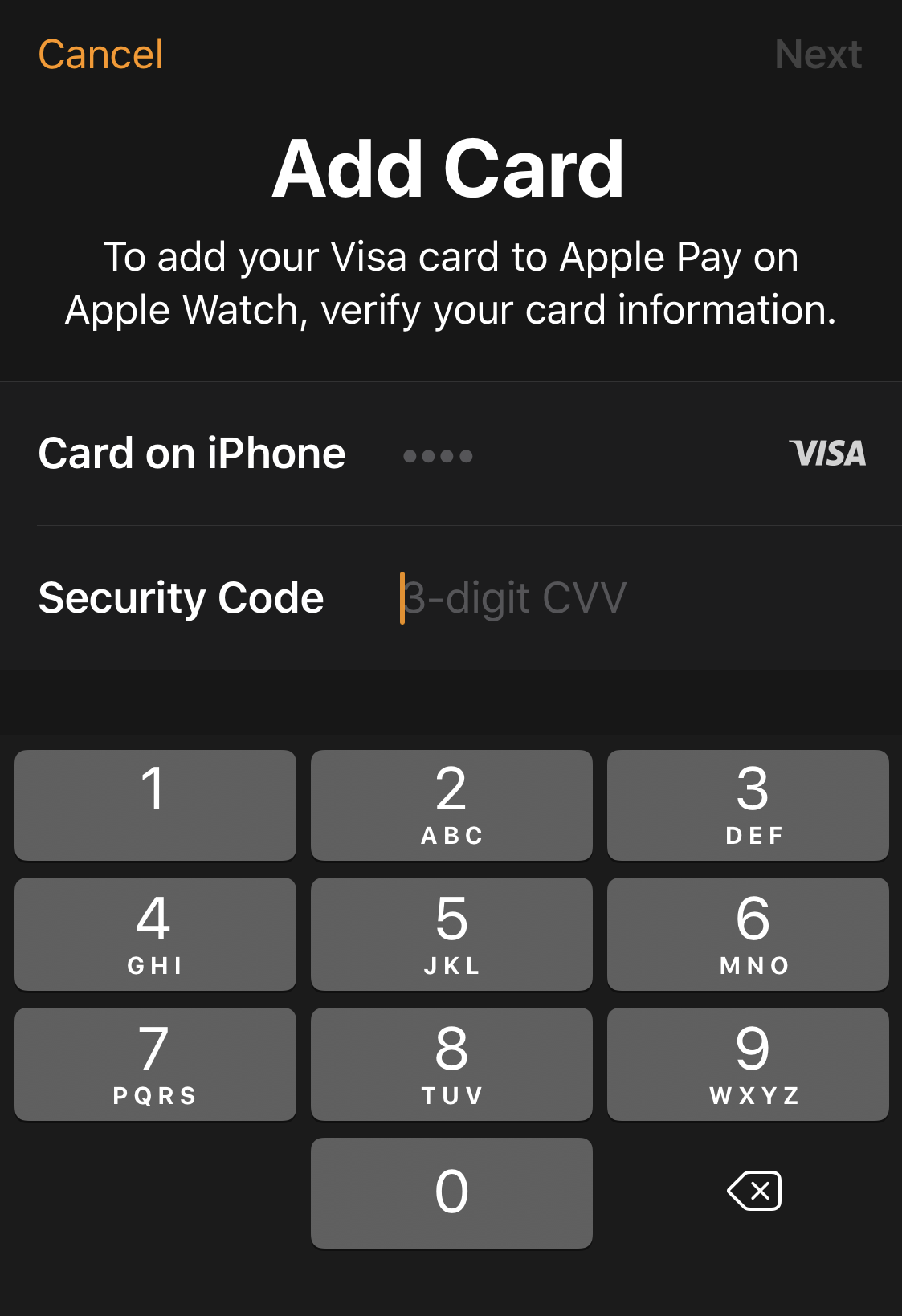 enter credit card ccv apple pay