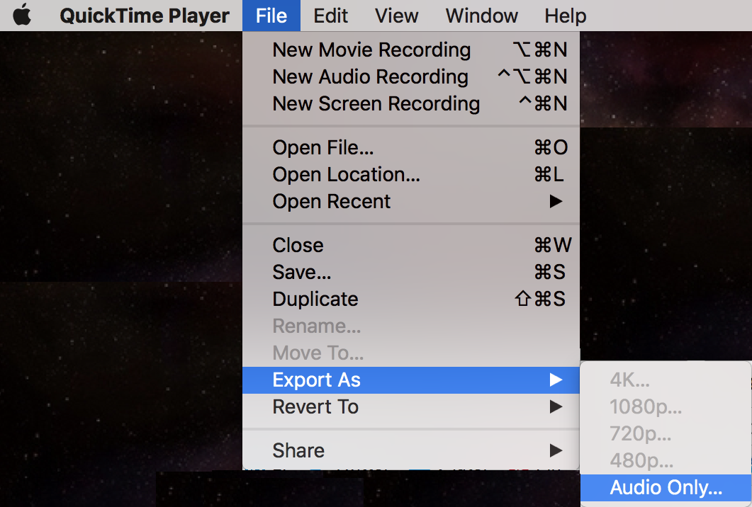 quicktime file > export > audio only