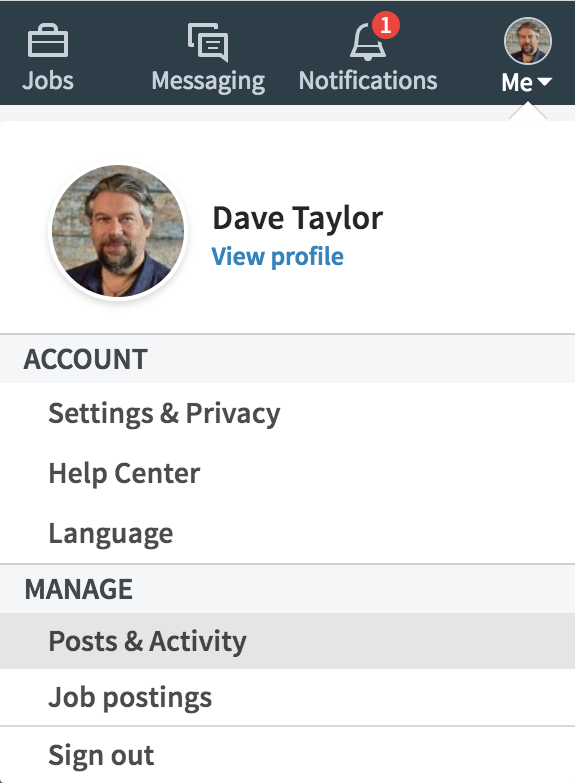 linkedin me account status menu