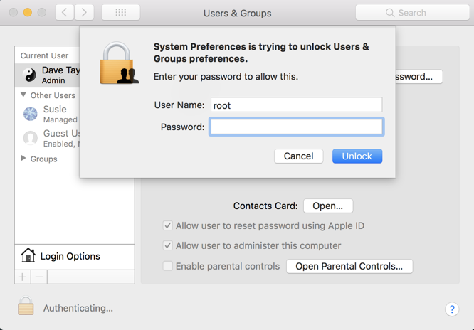 macos x system preferences > users & groups