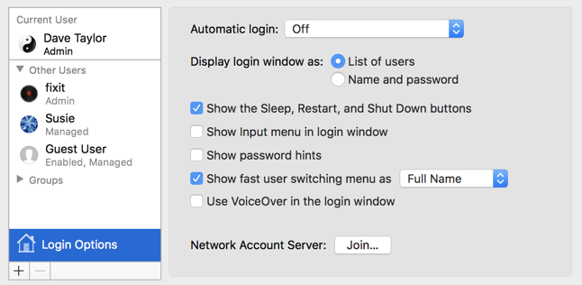 users & groups login options mac macos