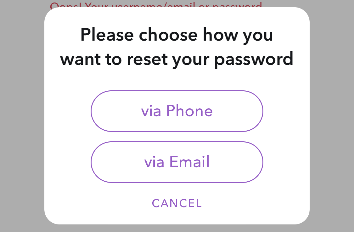 snapchat reset password sms phone email