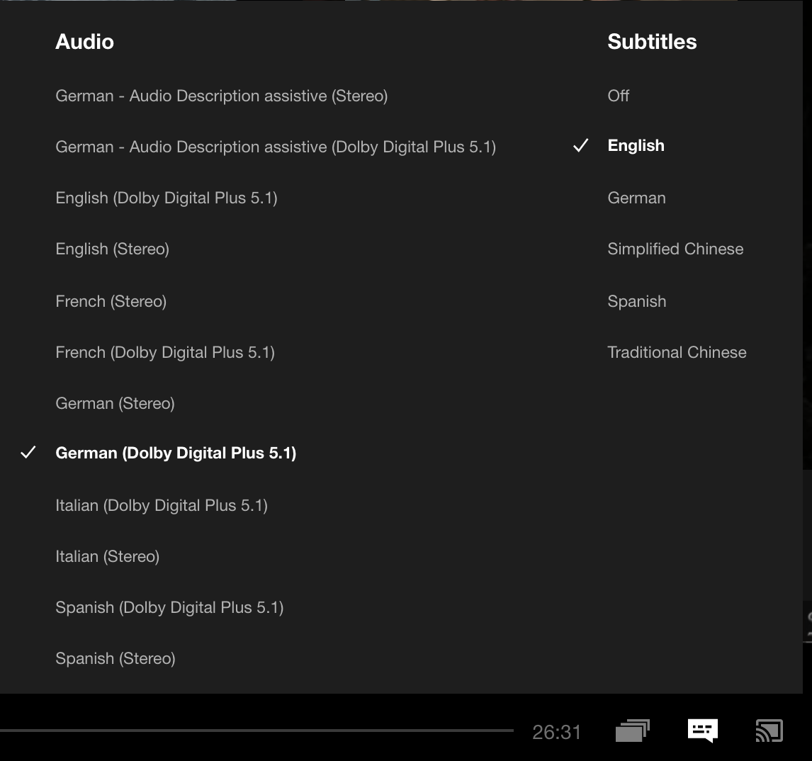 netflix audio stream options
