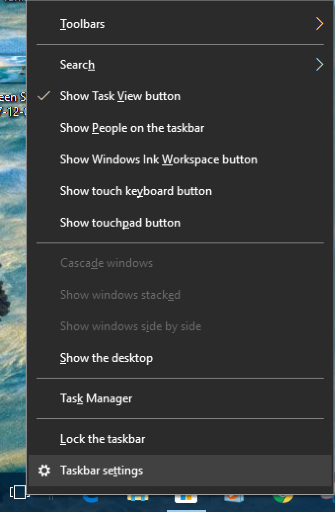 win10 taskbar context menu