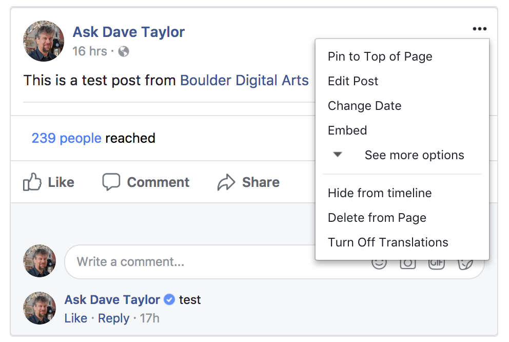 facebook business fan page delete post menu