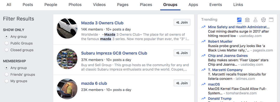 facebook search results - groups