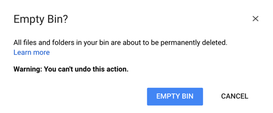 are you sure you want to empty google drive gdrive bin?