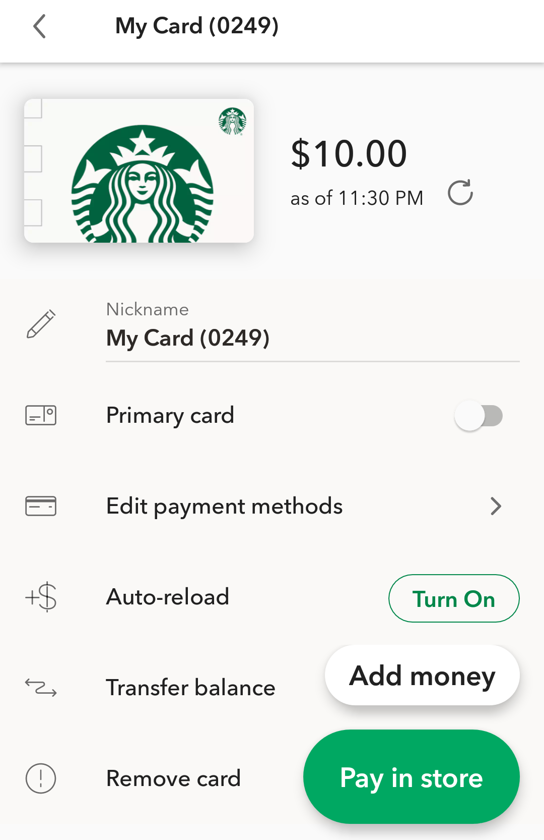 starbucks gift card shown in app