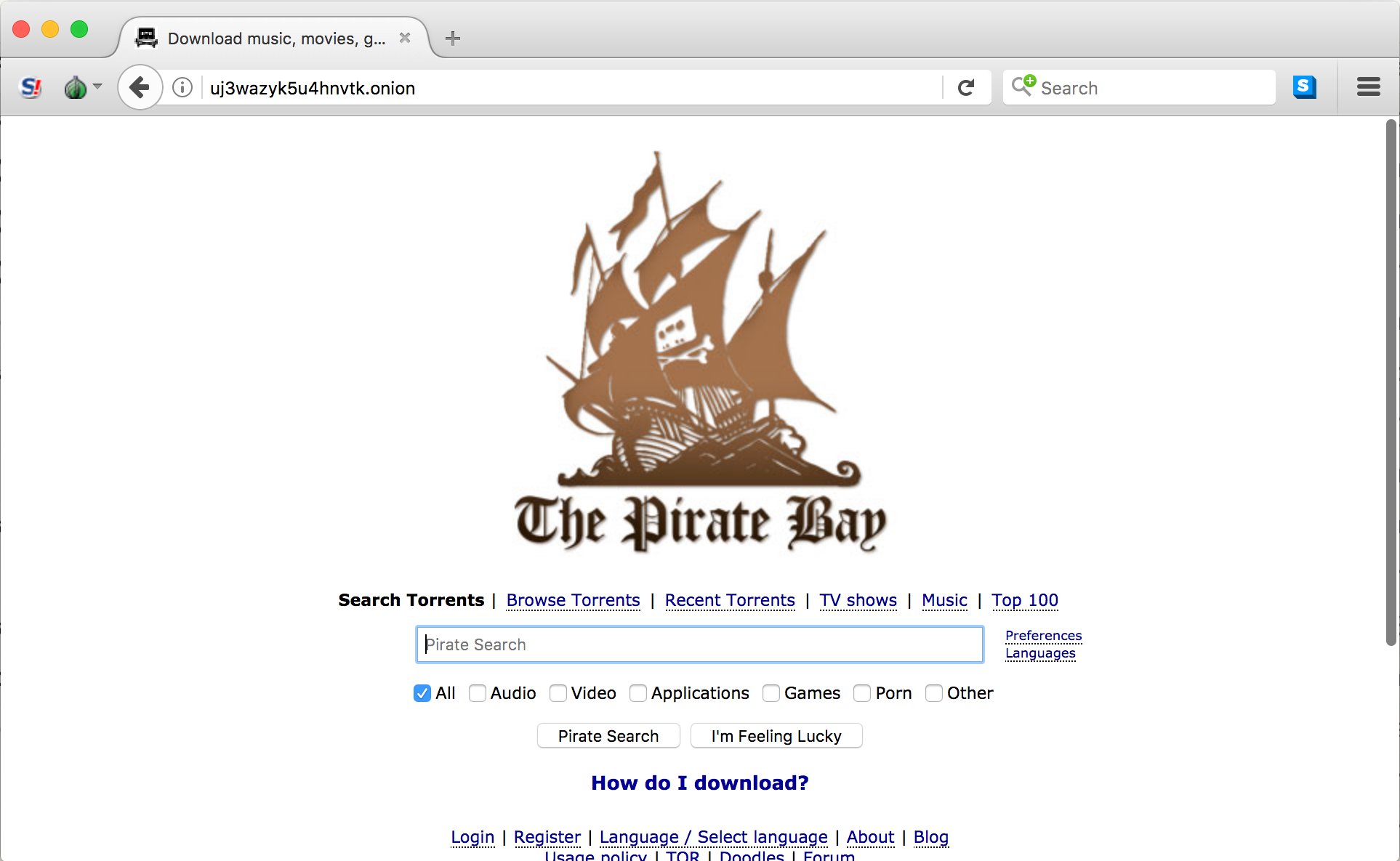 thepiratebay home page from .onion domain