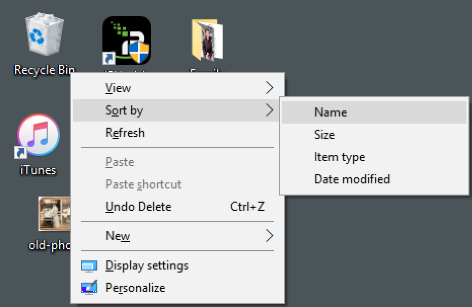 win10 windows desktop context menu - sort by
