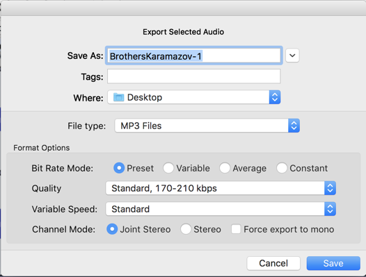 audacity save mp3 audio file