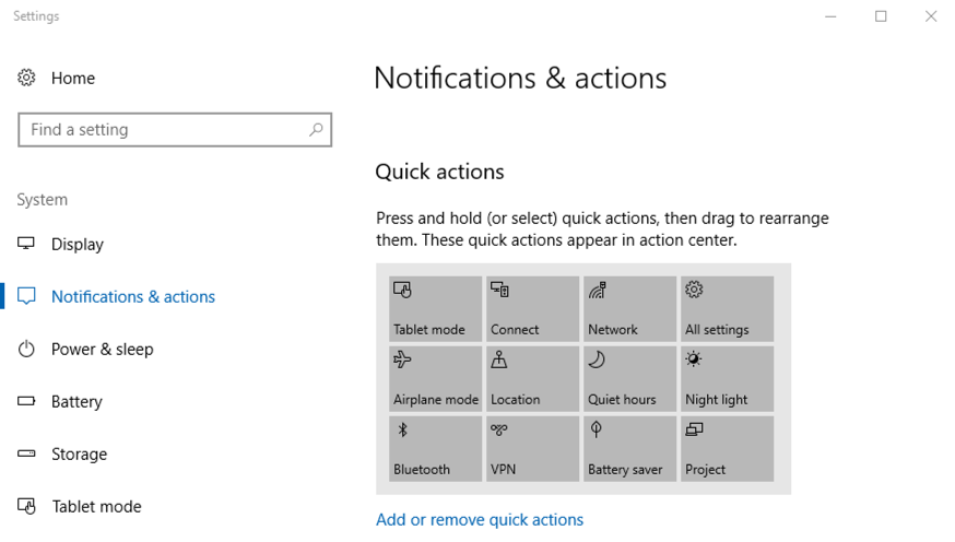 win10 windows notifications and actions window
