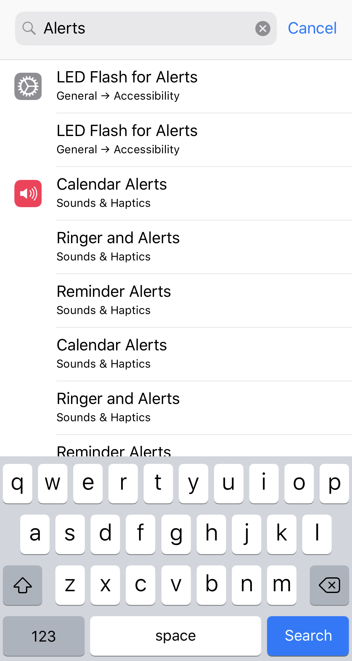 ios11 settings search for alert
