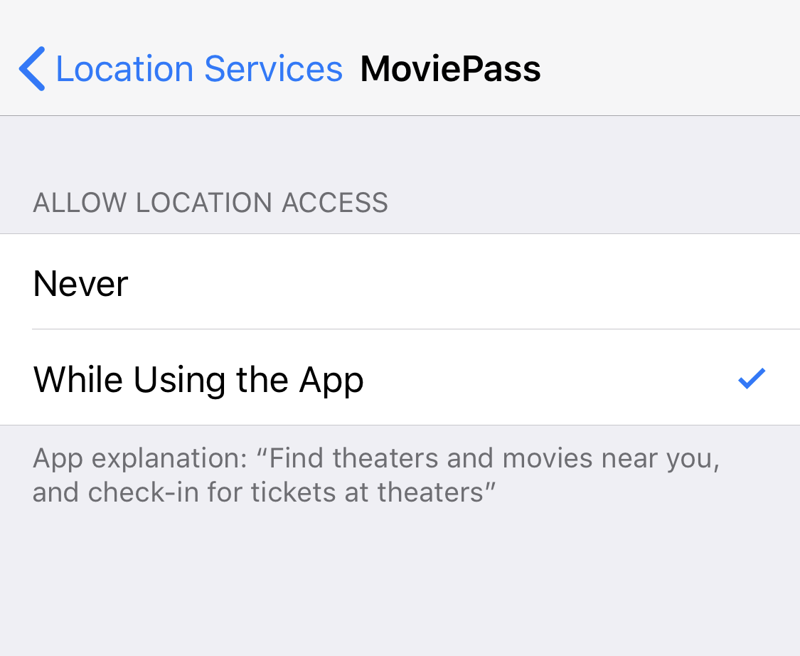 moviepass iphone ios location services permission