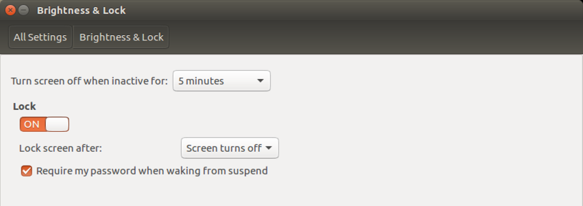 ubuntu linux brightness & lock options settings