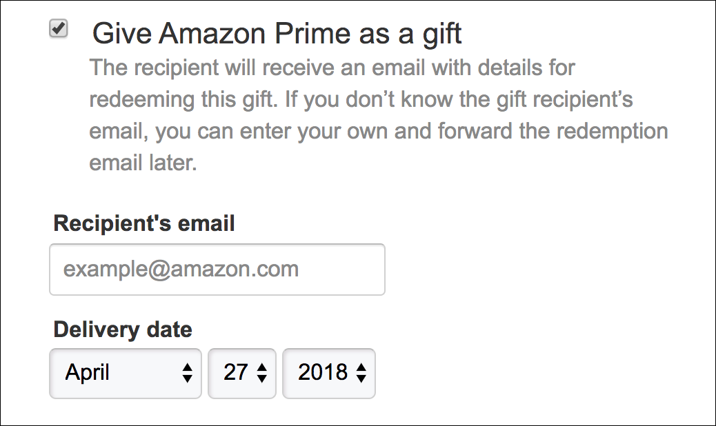 send amazon prime membership gift card date email