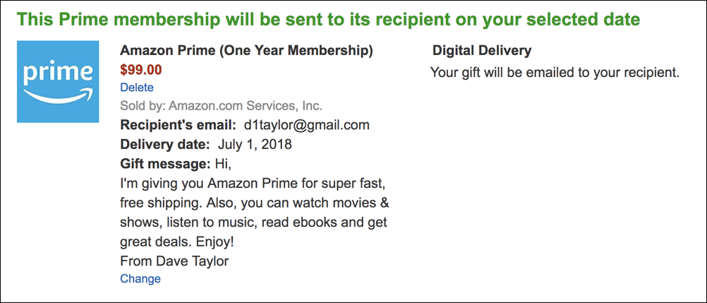 confirmation of purchase, amazon prime membership gift card subscription $99