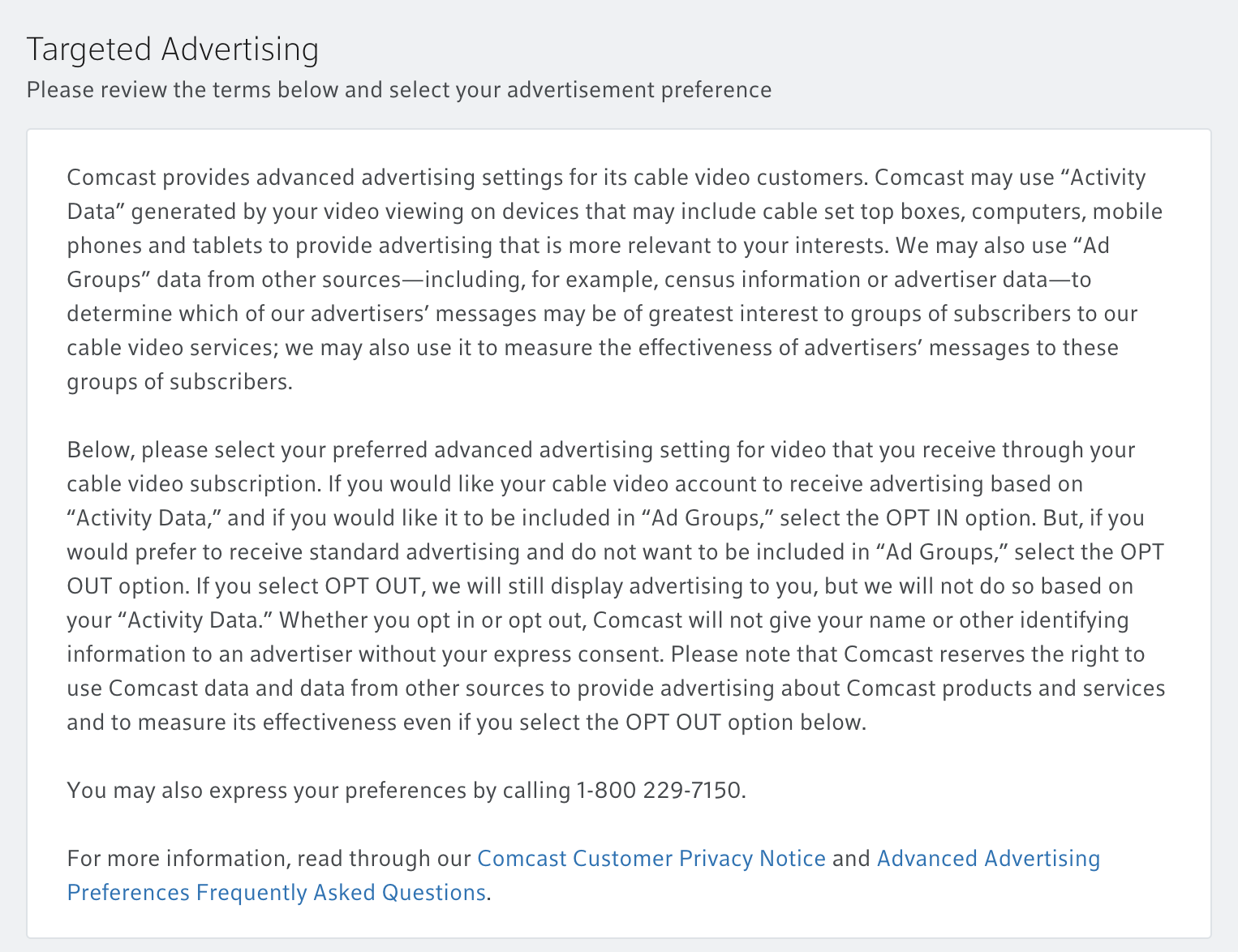 comcast advertising preferences explanation