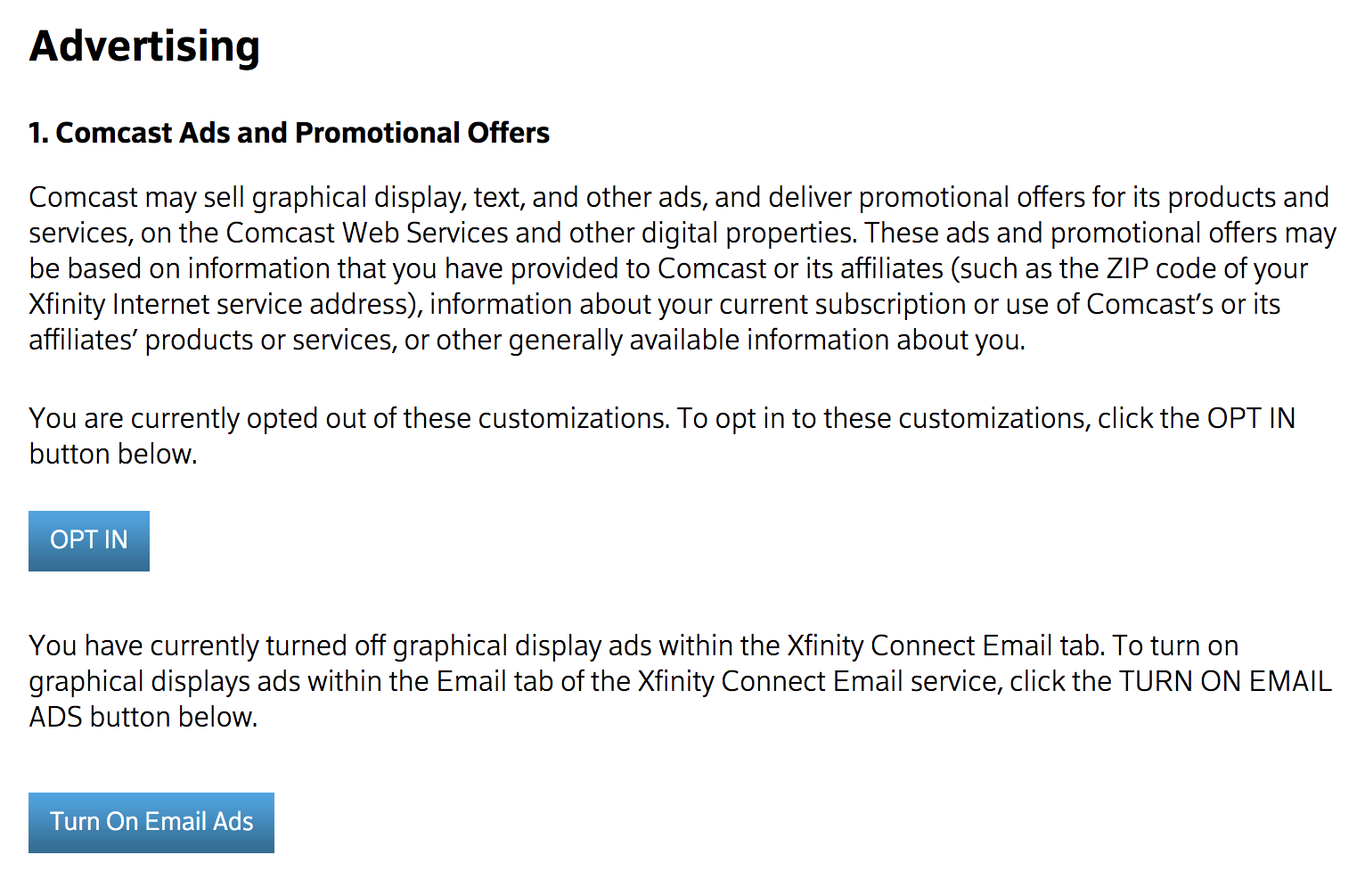 comcast xfinity digital targeted advertising settings preferences opt out