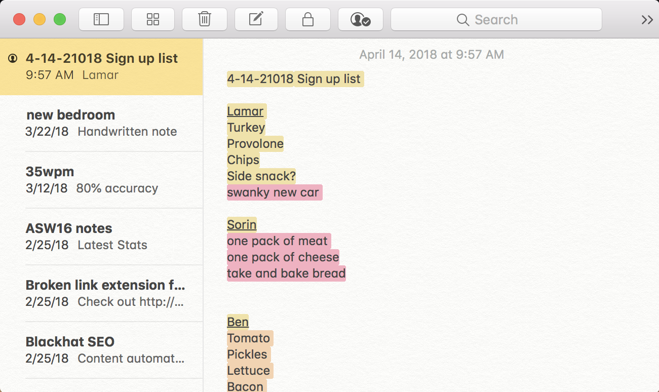 shared mac notes doc, tracking colors enabled