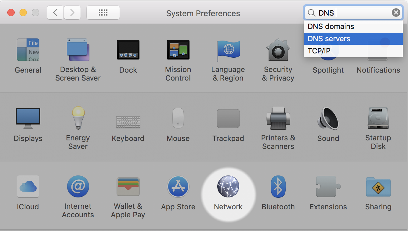 mac system preferences - dns server search