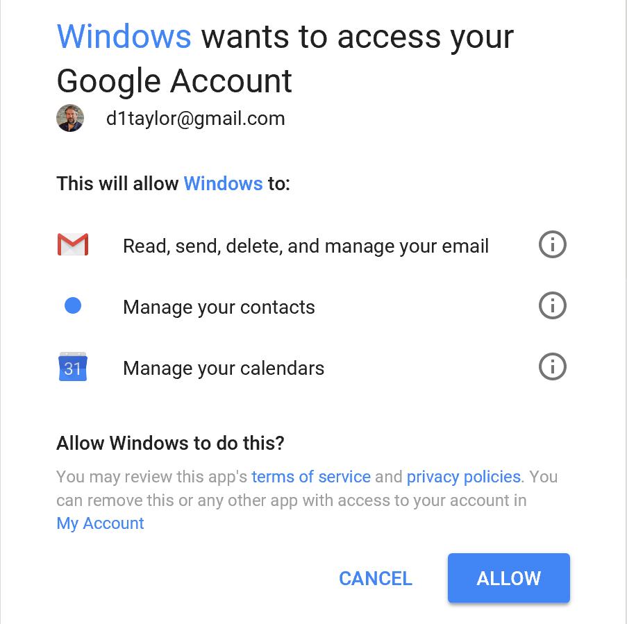 windows wants access to your google account
