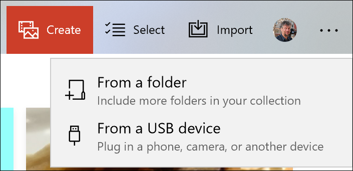 microsoft photos - import options